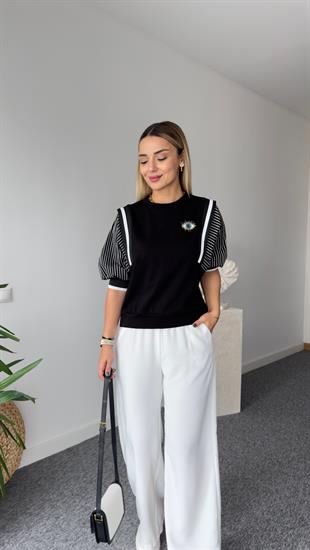 Vuo Aksesuarlı Kollar Çizgili Siyah Tshirt