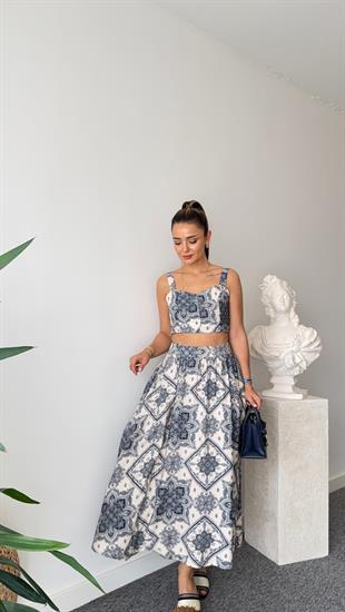 Etnik Desenli Etekli Crop Takım