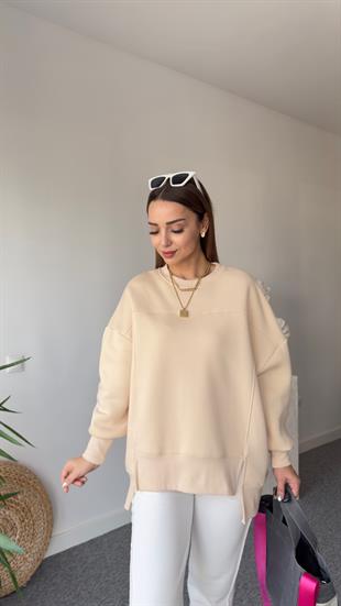 Etek Ucu Asimetrik Bej Sweatshirt