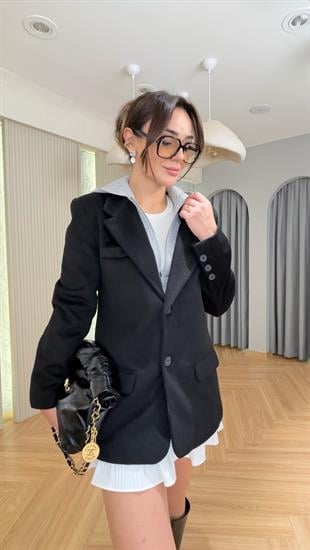 Penye Kapüşon Detaylı Kaşe Blazer Ceket