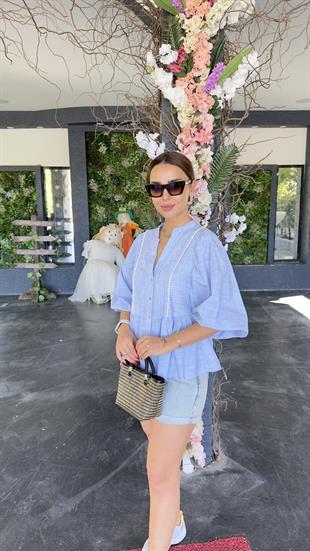 Yare Nakış Detaylı Çizgili Mavi Bluz