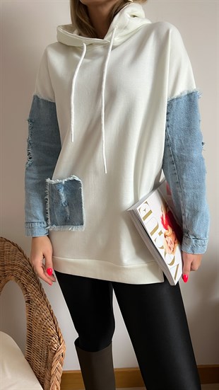 Kot Detaylı Kapüşonlu Sweatshirt
