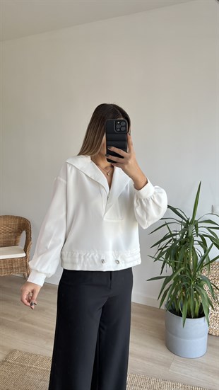 Gömlek Yaka Bel Büzgülü Beyaz Sweat