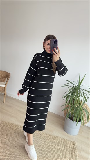 Boğazlı Çizgili Triko Elbise