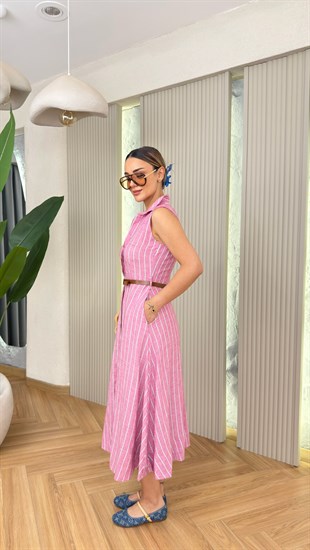 Pembe Sıfır Kol Keten Kemerli Gömlek Elbise 