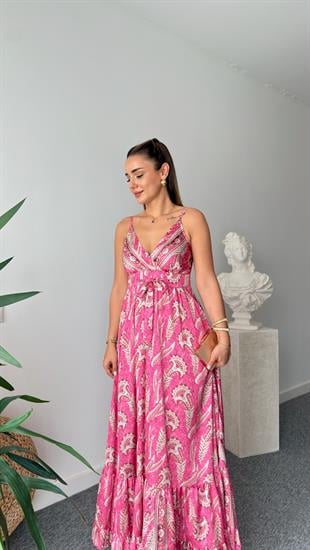 Pembe Etnik Desen Saten Premium Elbise