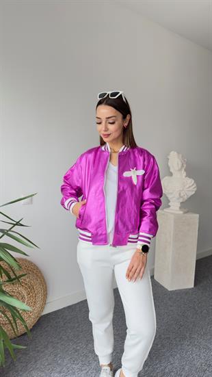 Broş Detaylı Fuşya Bomber Ceket