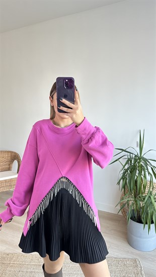 Üç İplik Önü V Taş Detaylı Pembe Tasarım Sweat