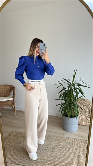 Damla Taş Detaylı Mavi Triko