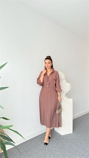 Kahve Çıtçıtlı Zra Model Midi Elbise 