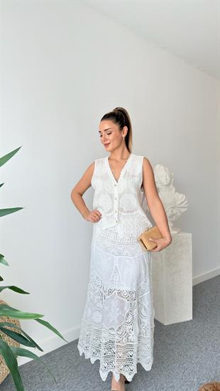 Beyaz Juel Bel Lastikli Dantel Etek