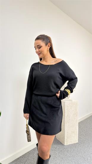 Siyah Lutin Fermuarlı Kadife Etek