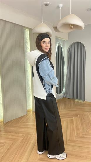 Beyaz Kot Ve Deri Garnili Kapüşonlu Sweatshirt