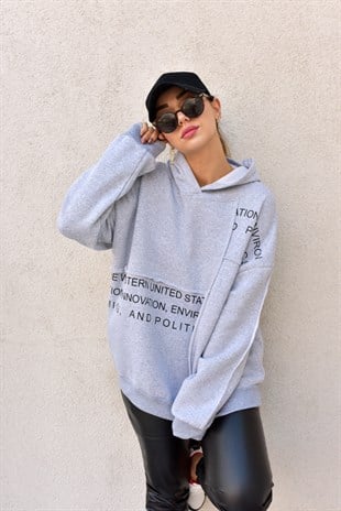 Yazı Detaylı Parçalı Gri Salaş Sweat