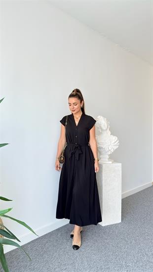 Lize Kuşaklı Basic Siyah Maxi Elbise 