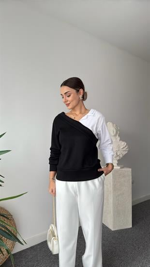 Yaka Yazılı Gömlek Detaylı Siyah Triko