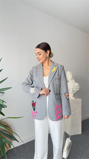 Gri Jovena Nakış Detaylı Tasarım Kaşe Blazer
