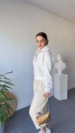 Dik Yaka Bej Fermuarlı Sweat