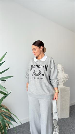 Beyaz Yaka Brooklyn Yazılı Gri Sweatshirt