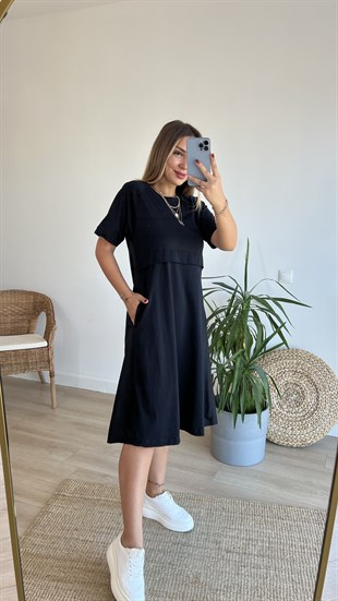 Parça Detaylı Sırtı Poplin Siyah Elbise 