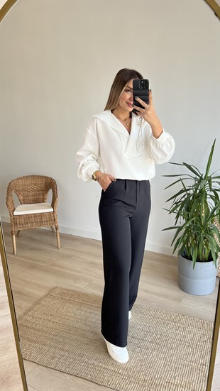 Gömlek Yaka Bel Büzgülü Beyaz Sweat
