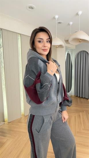 Gri Balon Kol Triko Garnili Üçlü Takım