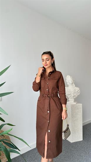 Kahve Vuko Kemerli Gabardin Elbise