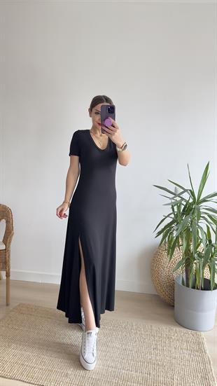 Vilinze Yırtmaçlı Siyah Basic Elbise