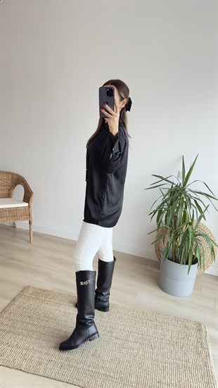 Saten Siyah Basic Gömlek