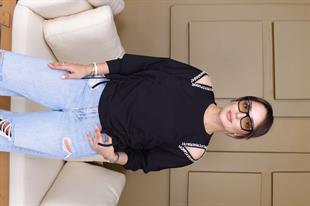 Siyah Loden Pencere Detay Taş İşlemeli Modal Sweat