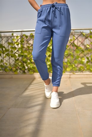 Paça Fermuar Detaylı Mavi Jogger Pantolon