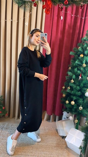 Düğmeli Yırtmaç Sweat Elbise 