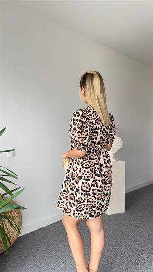 Balon Kol Önü Bağlamalı Leopar Desen Elbise