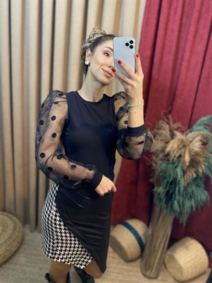 Organze Kol Puantiyeli Bluz