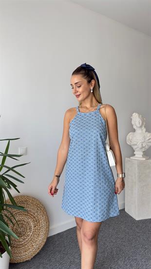 Talia Desenli Mavi Halter Yaka Elbise