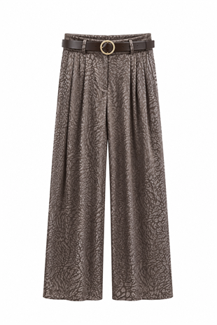 Kahve Tenra Kemerli Saten Leopar Pantolon