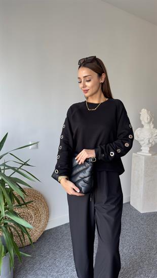 Orj Model Kollar Kuş Gözü Detay Siyah Sweat 