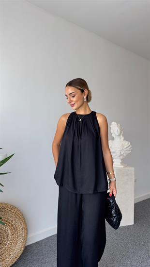 Lucil Keten Siyah Bluz Pantolon Takım