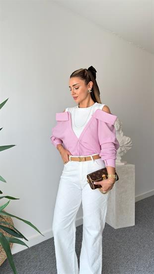 Pembe Çizgili Triko Atletli Gömlek