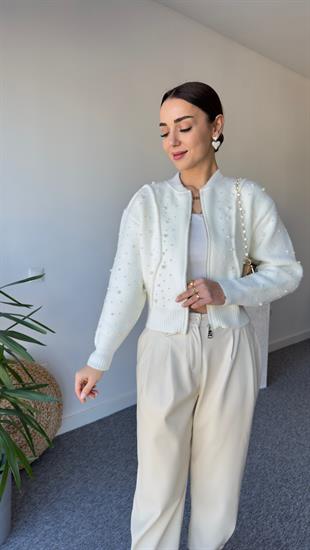 Zra Model İncili Ekru Triko Hırka