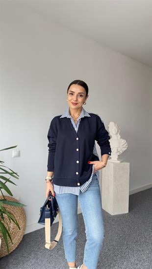 Lacivert Poplin Gömlek Detaylı Sweat Hırka