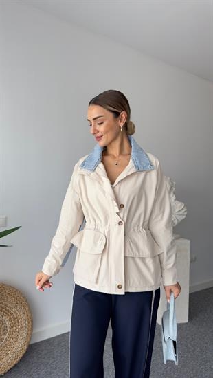 Drew Kot Detaylı Bej Kısa Trenç