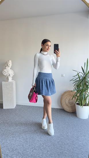 Pilise Detay Likralı Denim Şort Etek