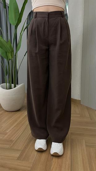 Kahve Tülna Bol Paça Tensel Pantolon