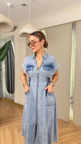 Lofe Yan Bağcık Detaylı Tensel Premium Elbise 