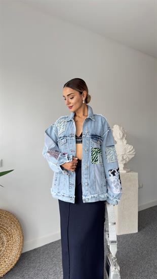 Fileli Patchwork Tasarım Jean Ceket