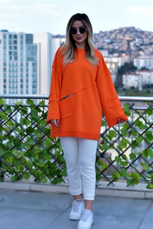 Cep Detaylı Turuncu Tunik