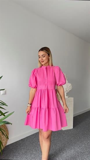 Hakim Yaka Volanlı Pembe Elbise 
