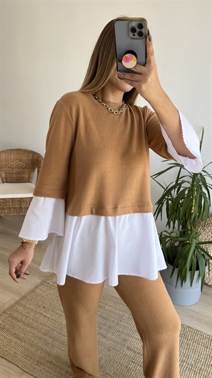 Camel Gömlek Detaylı Bluz Pantolon Takım