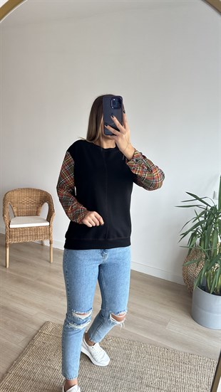 Kolları Ekose Desen Siyah Sweat